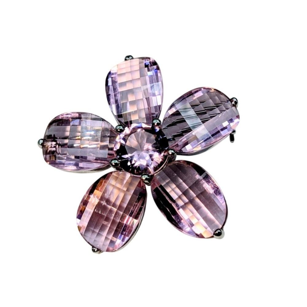 925 Sterling Silver Pink Faceted Flower Brooch
